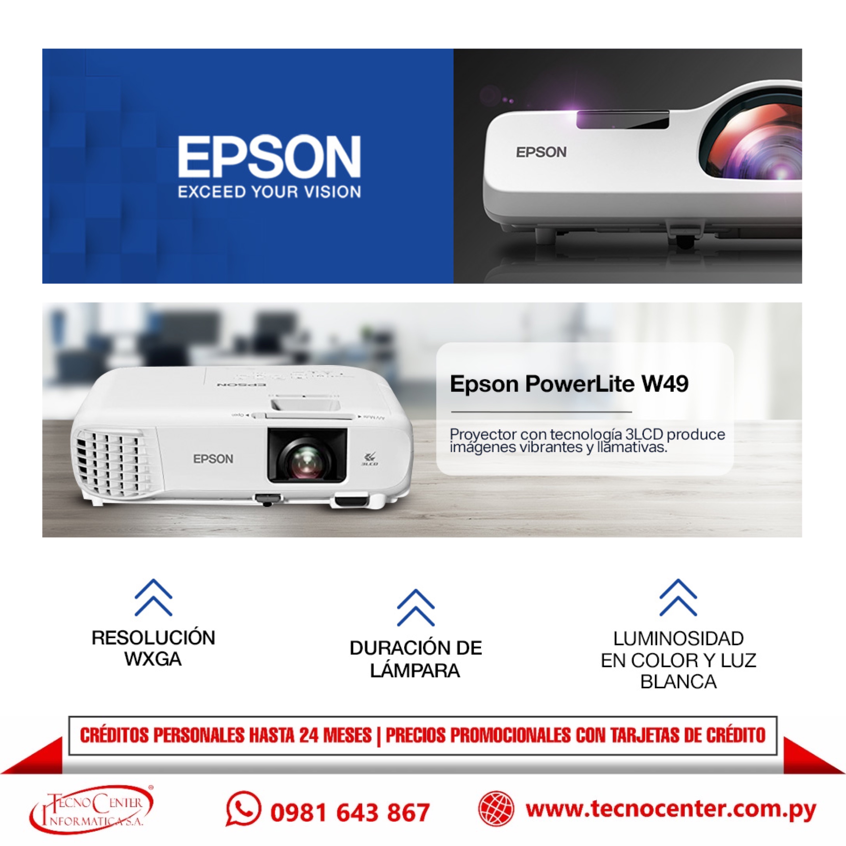 Proyector Epson W49 WXGA 3800 Lúmenes
